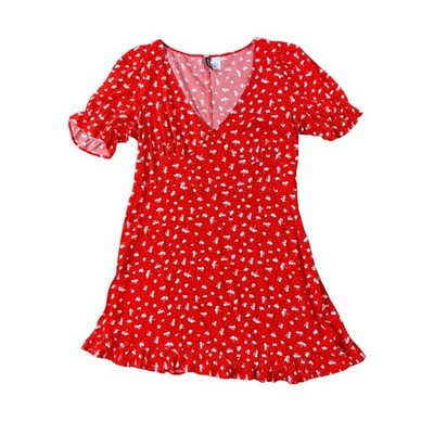 H&M Divided Red Floral Dress Womans Size L Short Sleeve Pinup Retro V Neck