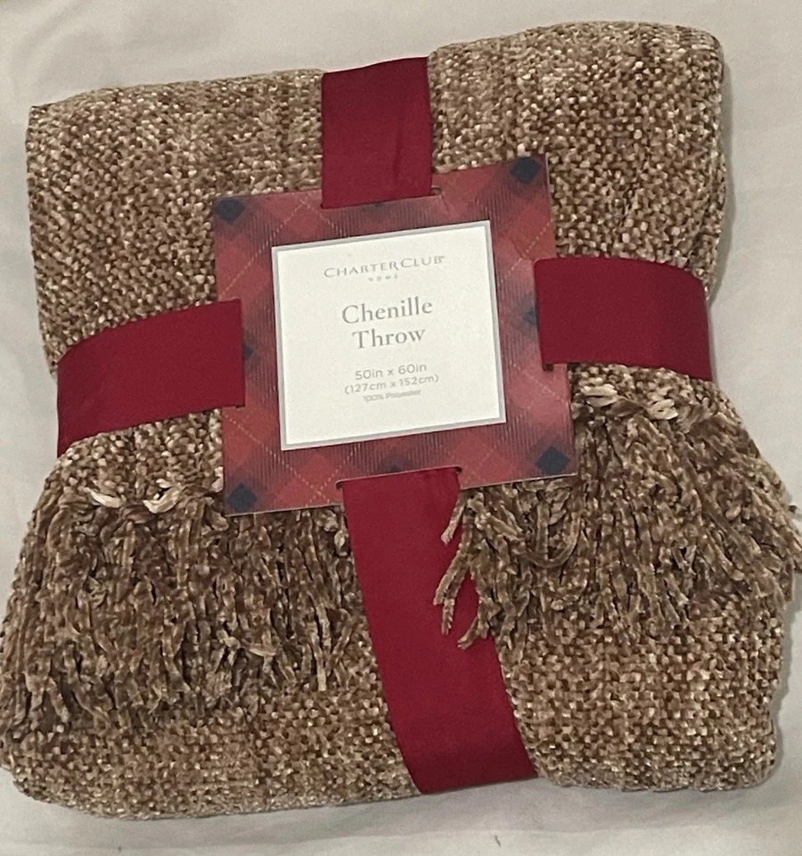 Manta Charter Club Chenille 50" x 60" Marrón/Beige Flecos Nueva con Etiquetas Foto 2 de 4