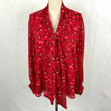 Chicos 3 Red Bow Blouse XL Sheer Heart Leopard Tie Neck Office Flowy Button Up