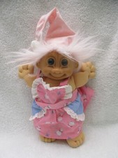 Russ Berrie 12" VTG Troll Girl Doll Soft Body Blue Eyes/ Pink Hair/Outfit/Hat