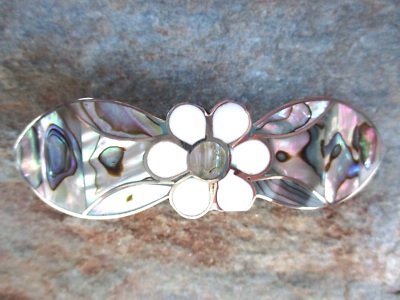 Mexican Silver Alpaca Hair Barrette . MEXICAN ABALONE SHELL ALPACA SILVER HAIR BARRETTE 3.75 main image 4