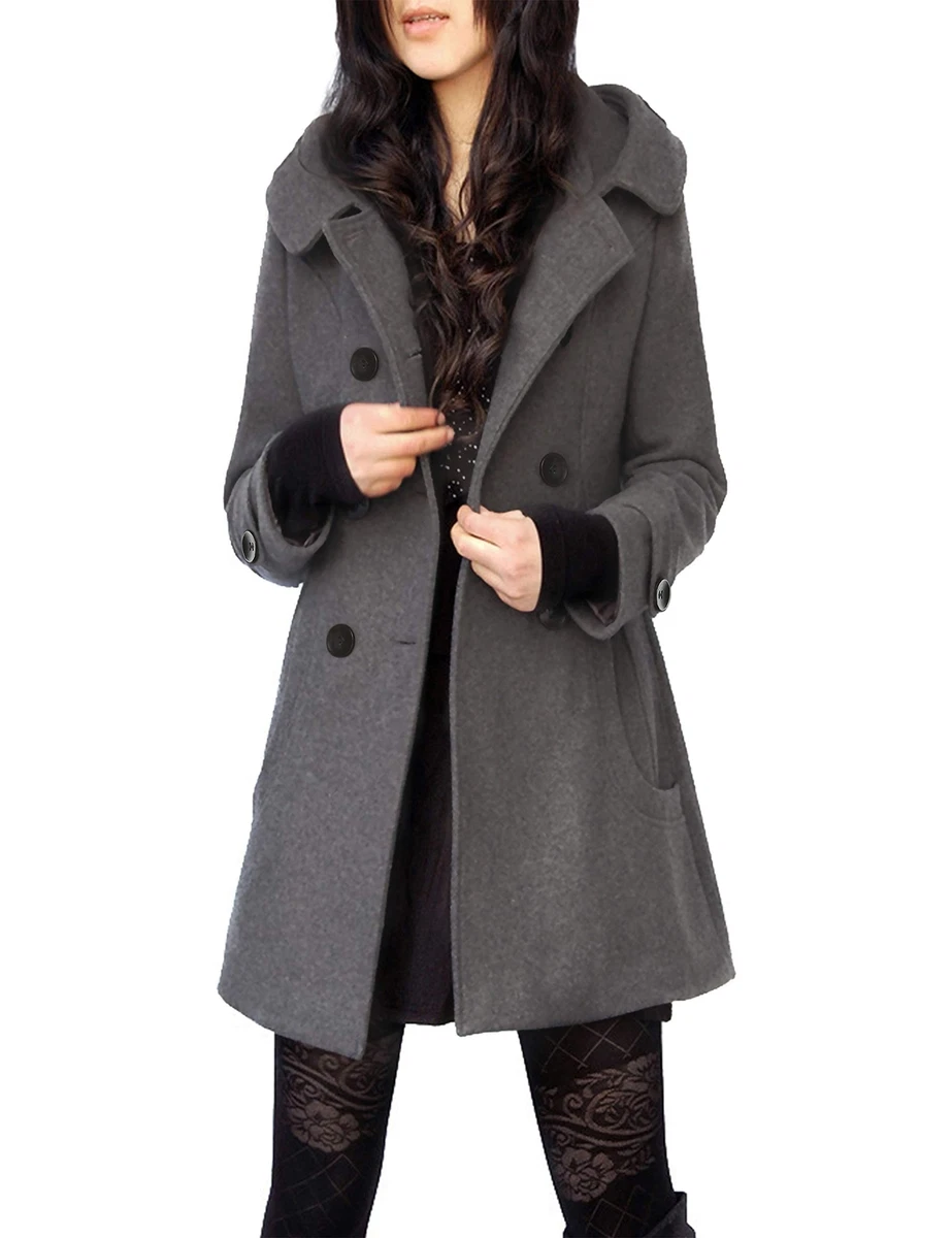 Tanming Women sDouble Breasted Wool Pea Coat with Hood XX Large Grey Cotton