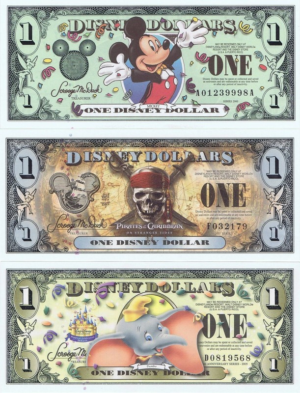 Set of 3 Disney Dollars $1 2000 2011 2005 Dollar Mickey Pirate Pirates Caribbean