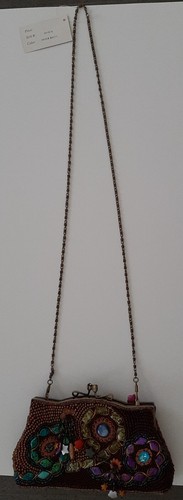 OHH! ASHLEY Brown Multi Handcrafted Beaded Purse~Antique Gold/Brass Chain Strap