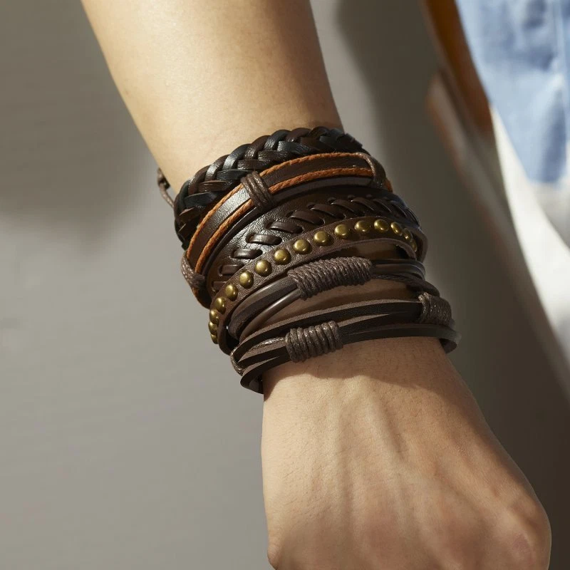 6pcs Mens Punk Leather Wrap Braided Bracelet Wristband Bangle Cuff Jewelry Gift - Imagem 3 de 4