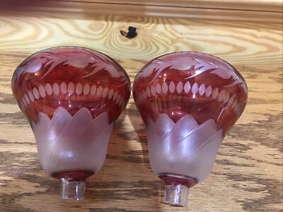 Pair Cranberry Cut to Clear Lamp Fonts Floral Band Parts Repair Set 2