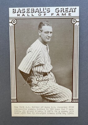 1977 Exhibit's Baseball's Great Hall of Fame Postcard Lou Gehrig Yankees