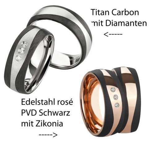 Anillo anillos de pareja anillos de compromiso anillo de bodas + diamante titanio/carbono o acero inoxidable  - Imagen 1 de 15