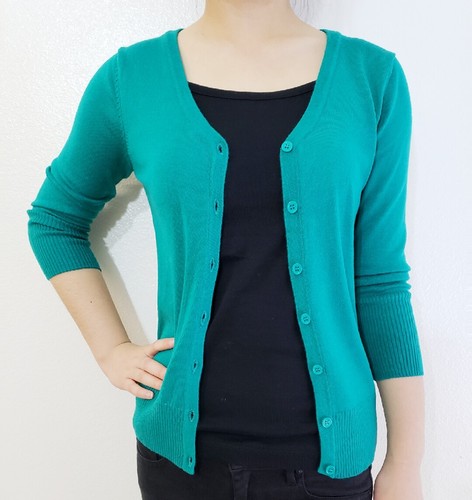 Women Fitted Cardigan V-Neck 3/4 Sleeve Vintage Soft Knit Basic & Plus Size USA - Picture 3 of 46