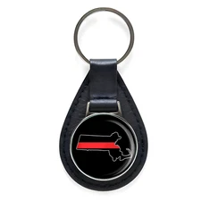 First Responder Thin Red Line Massachusetts Firefighter Black Leather Keychain