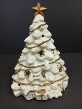Vintage Porcelain Christmas Tree Tea Light Holder 7" White & Gold