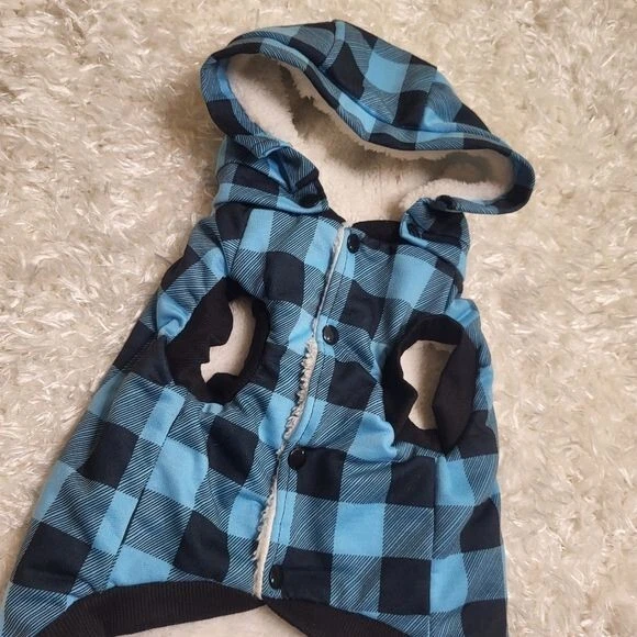 Chaqueta de Franela Pawz Road con Sudadera con Capucha para Perros, Azul y Negro a Cuadros, Pequeña Foto 2 de 4