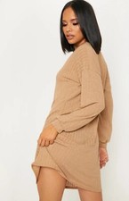 PRETTYLITTLETHING Camel Wide Ribbed Oversized Sweat Jumper Dress Size6