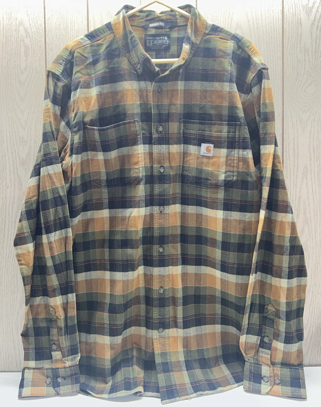 Carhartt Flannel Shirt Men's XL Earthtones Plaid Relaxed Fit Long Sleeve Pockets