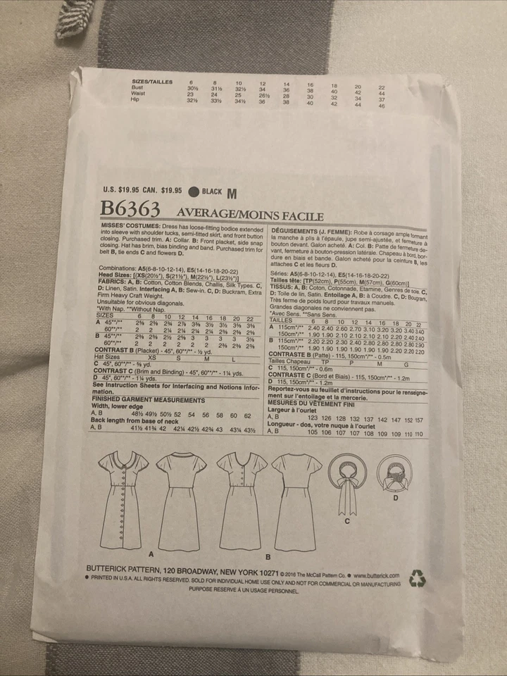 NEW Women’s Butterick (Making History) Dress And Hat Pattern Sizes 14-22 - Image 2 of 2