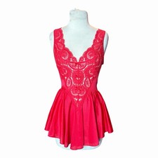 Vtg. Olga 90480 Babydoll Nightgown Floral Lace Bodice Ballet Nightie Red Med