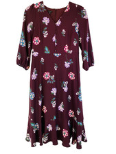 Talbots Womens 10 Burgundy Midi Dress Floral Ruffle Hem Long Sleeve Lined
