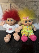 Two - Troll Doll 11" Tall "100 Huggable" Red Hair / Yellow Hair COLLECTIBLE
