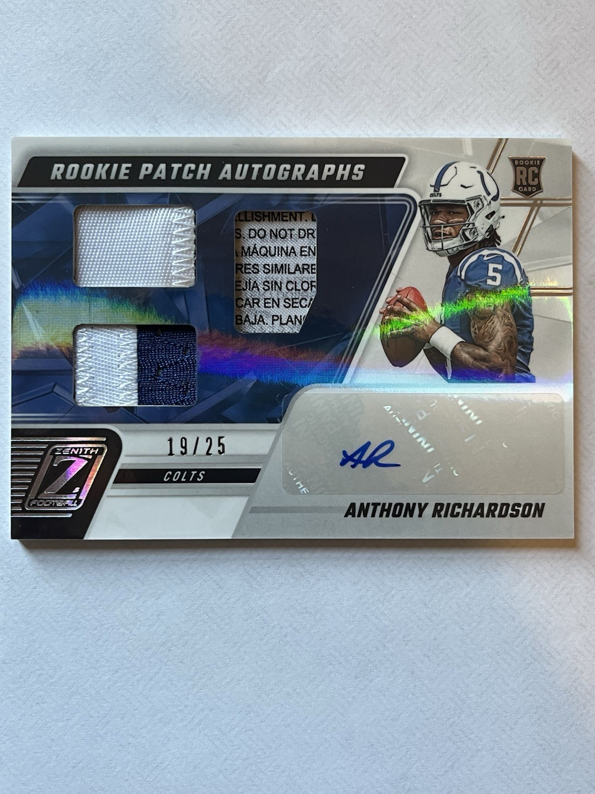 2023 Panini Zenith Anthony Richardson RC LAUNDRY TAG PATCH AUTO SILVER /25 RPA