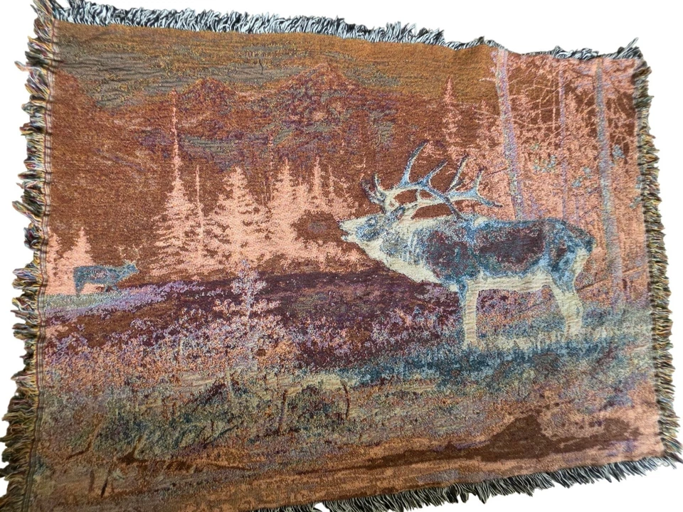 VTG Scott Zoellick Elk Woven Tapestry Throw Blanket 1995 Cabin Lodge Decor 66x50 - Image 4 of 4