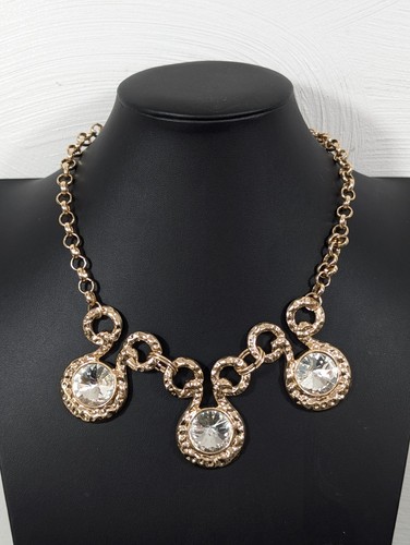 Gold Tone Rivoli Crystal Hammered Statement Necklace 21 in Glam Evening Sparkle