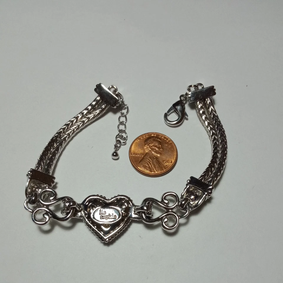 Pulsera LIA SOPHIA Love Polvo Cristal Pavimentado Corazón Tono Plata Cadena Trenzada Foto 3 de 4
