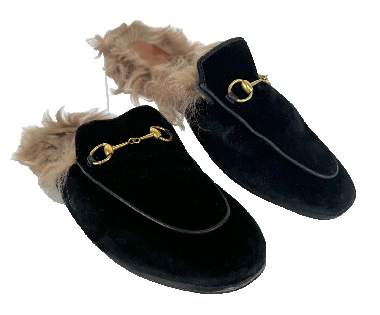Gucci Auth 10 US 40 EU noir velours fourrure Princetown mules chaussures slides