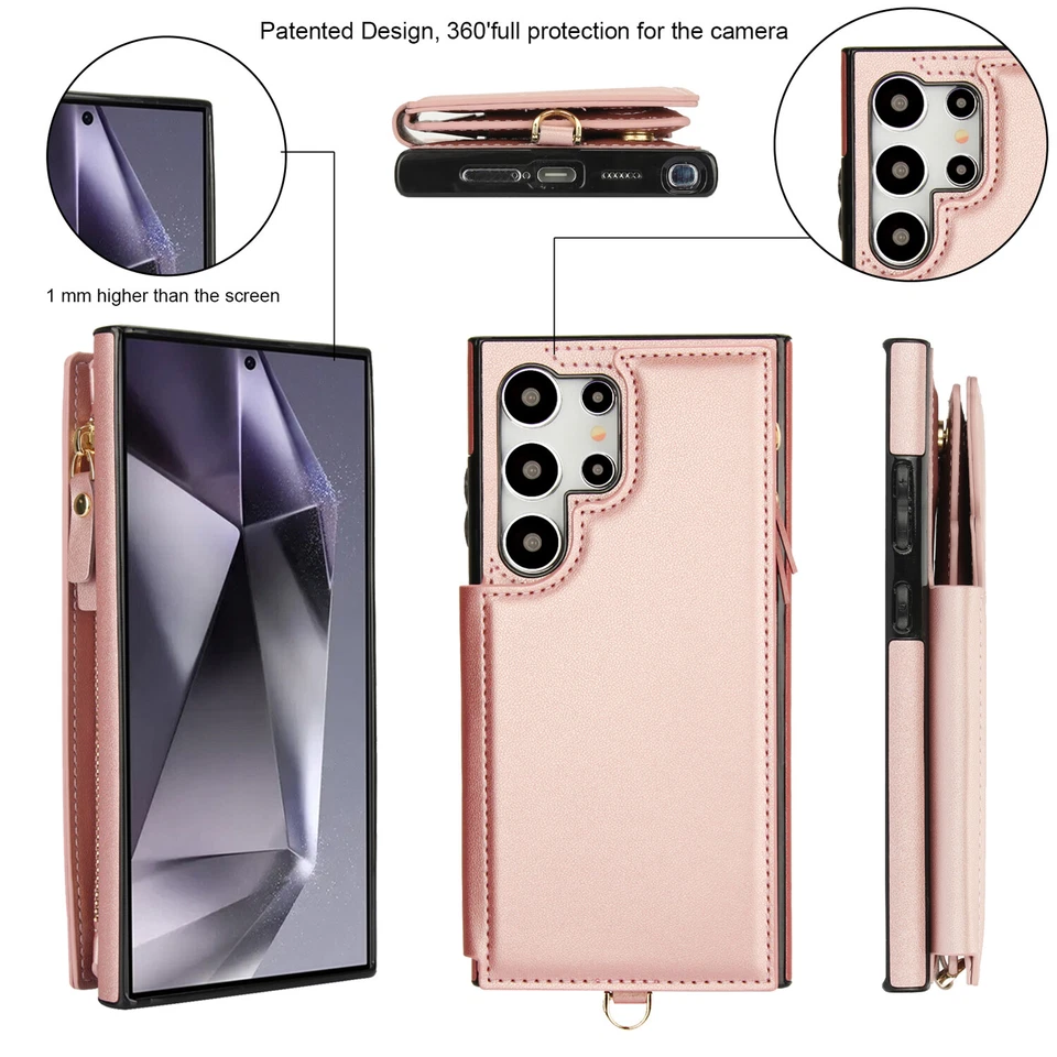 For Samsung S24 Ultra S23 S22 S21 Leather Card Wallet Crossbody Strap Stand Case - Image 3 of 4