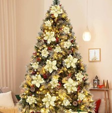 28PCS Gold Glitter Poinsettia Flowers with Clips for Christmas Tree Decorations