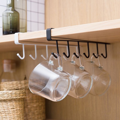 6 Hooks Kitchen Mug Coffee Cup Holder Under Shelf Hanger Cupboard Storage Rack - Picture 4 of 14