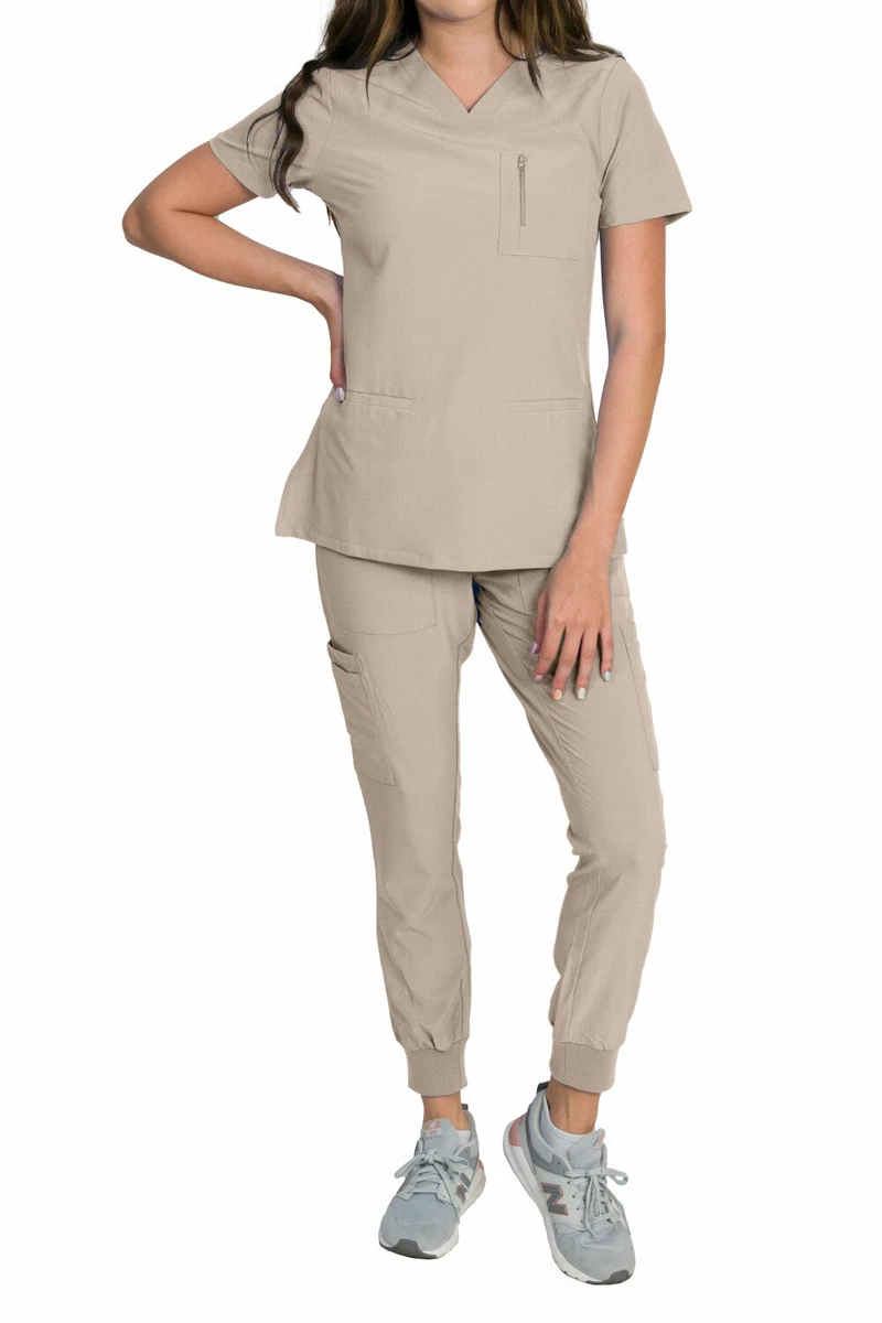 Medgear Women's Stretch Scrub Set - Zip Pocket Top & Knit Rib Cuff Jogger  Pants