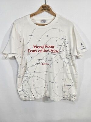 Vintage Dim Sum T-Shirt XL Hong Kong Pearl Of The Orient All Over Map Print AOP