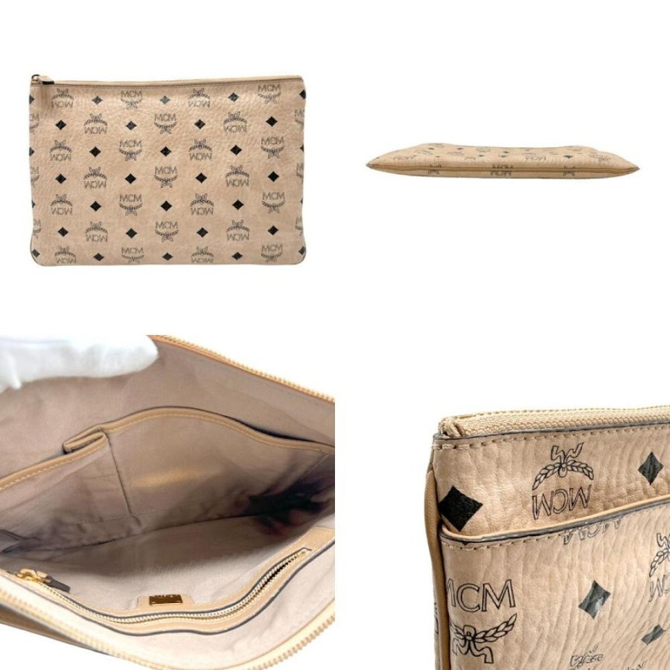 MCM Clutch Shoulder Bag Visetos Pattern Leather Beige W/ Strap 13449K