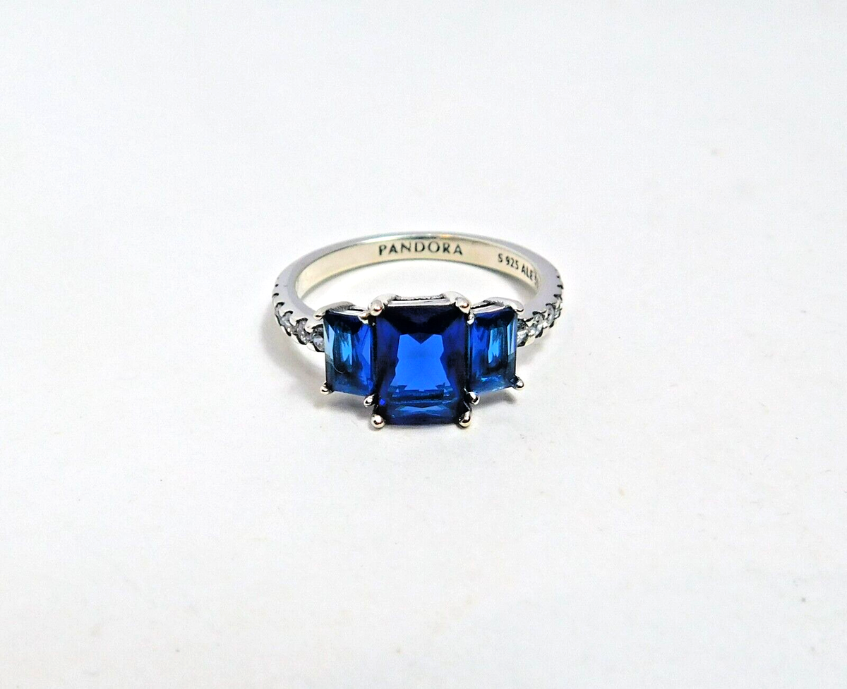Authentic Pandora Ring, Blue Rectangular Three Stone Sparkling
