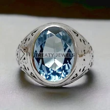 Aquamarine Oval Cut Gemstone With 925 Sterling Silver Ring For Men's #213 *