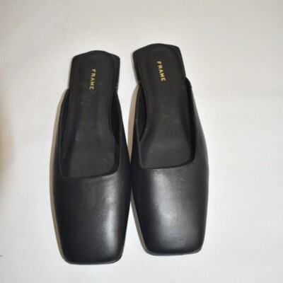 $450 FRAME LE TOWN SQUARE-TOE LEATHER MULES BLACK LEATHER SLIDE