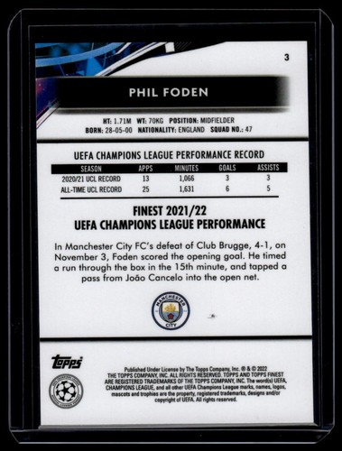 2021-22 Topps Finest UEFA Champions League #3 Phil Foden - Picture 2 of 2