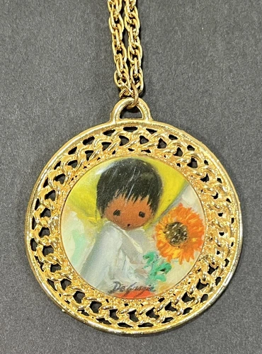 VTG De Grazia Golden Frame And Chain Costume Jewelry Child with Sunflower