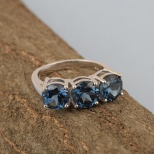 925 Sterling Silver 7 MM Round London Blue Topaz Three Stone Ring For Women