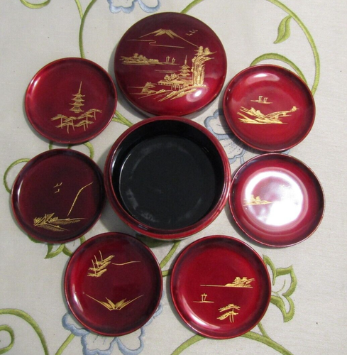 VTG Japanese Coaster Set 6 Round Burgundy Gold Box Lacquer Embossed - Picture 3 of 6
