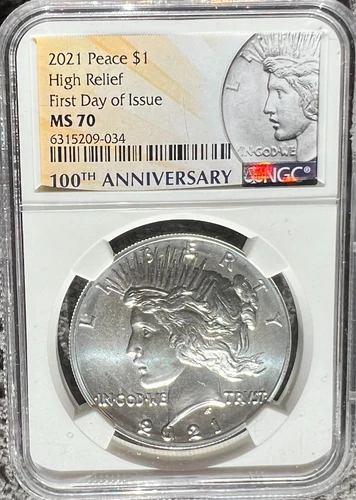 2021 NGC MS 70 High Relief  First Day of Issue 100th Anniversary Peace Dollar