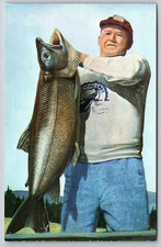 Old Fisherman Olding Huge Fish Newfound Lake Bristol NH Vtg Postcard Great Catch