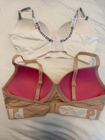 Victoria's Secret PINK Wireless Padded Racerback Logo Bra Set M B Tan/White