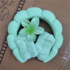 Green Plush Spa Headband with Pads, Flower Detail, Matching Wristbands