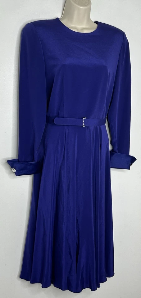 Vintage Worth 100% Silk Purple Long Sleeve Flared Secretary Dress Size 4 - Image 2 of 4