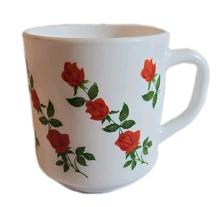 ARCOPAL Milk Glass RED ROSES Made in France White Coffee Cup / Mug