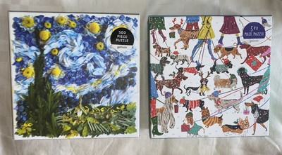 Lot of 2 Galison 500 Piece Puzzles Starry Night Petals (New) & Winter Dogs