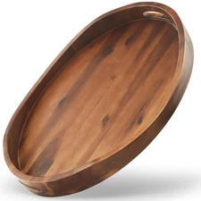 Acacia Wood Ottoman Tray with Handles - 20" x 15" Round - Large Oval Serving ...
