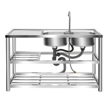 Stainless Steel Commercial Sink Utility Sink 2 Compartment Kitchen w/Prep Table