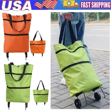 2 in 1 Lightweight Collapsible Shopping Cart Folding Wheel Reusable Green Orange